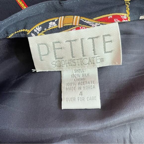 Vintage Y2K Classic Horsebit Chain Ribbon Floral Navy Blue Silk Wrap Skirt 4P 4 - Picture 7 of 8